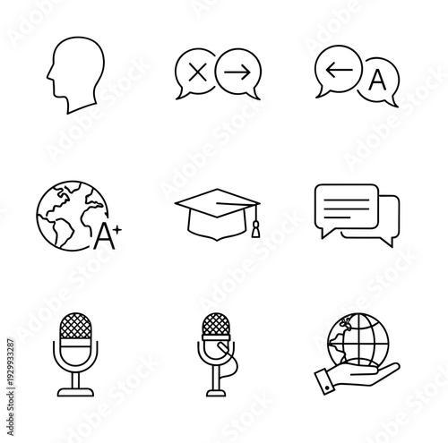 Collection of simple line art icons representing language learning communication global connection and education