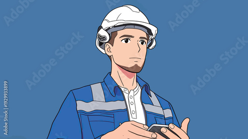 A construction worker looks at his phone, wearing a hard hat and work uniform, during a break at a construction site.