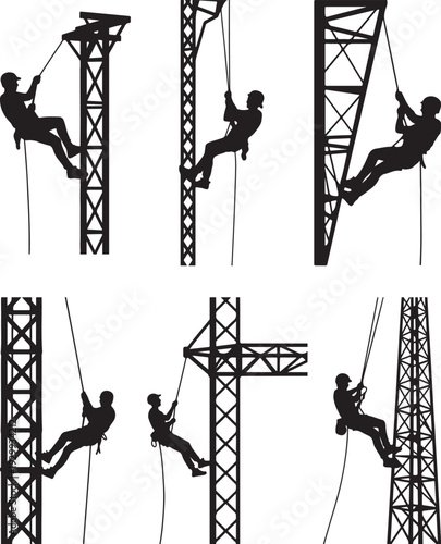 Set of Industrial Worker Rappelling Down Metal Tower Structure  Black and White Silhouette Vector Illustration
