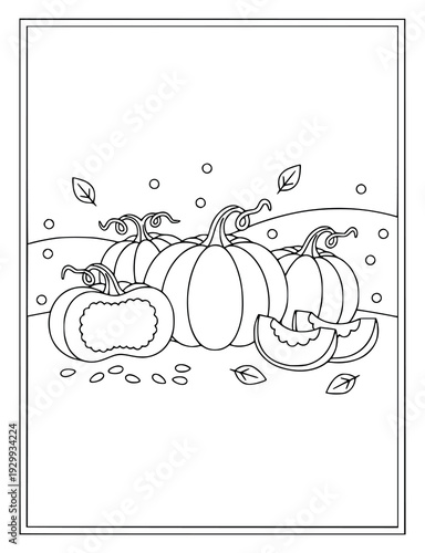 Pumpkin coloring page with autumn harvest vegetables and falling leaves for kids