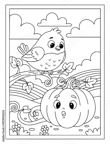 Coloring page with cute bird and character pumpkin in a sunny garden scene