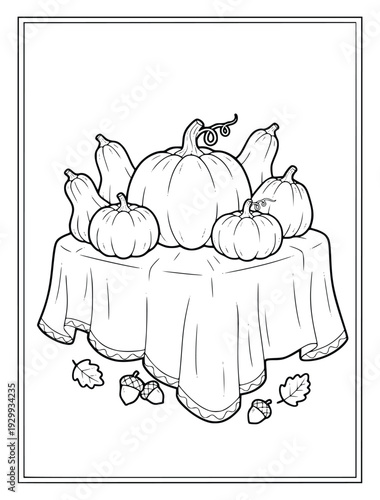 Autumn pumpkins and squash on a decorated table for children coloring page