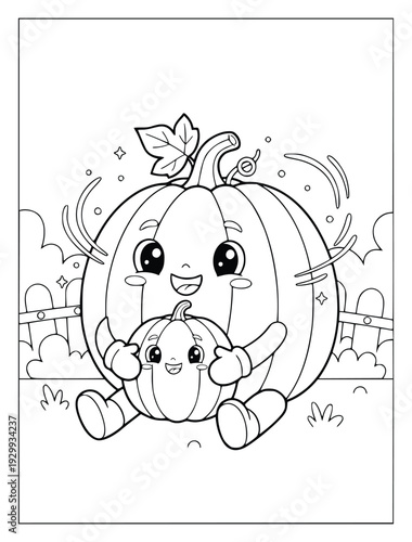Autumn harvest pumpkins with falling leaves and seeds for kids coloring page