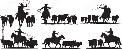 Photos Set of Cowboy Herding Cattle Silhouette – Western Ranch Farm, black and white si