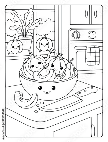 Pumpkin coloring page with cute characters in a cozy kitchen setting