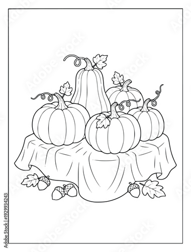 Harvest pumpkins on a draped table with oak leaves and acorns coloring page