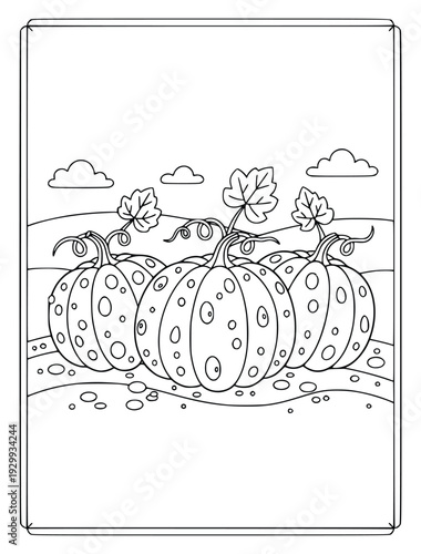 Pumpkin coloring page with decorative dotted squash growing in a field