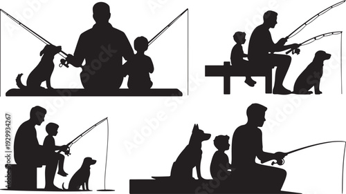 Father and Child Fishing with Dog Silhouette Black Vector Illustration