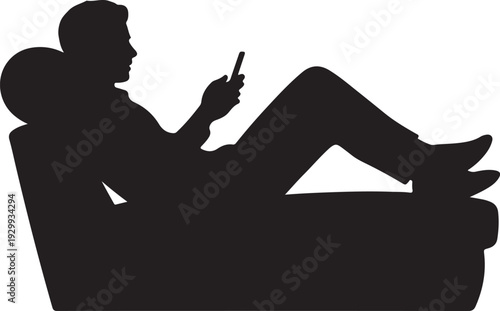Person Lying on Couch Using Smartphone – Black and White Silhouette Vector Illustration