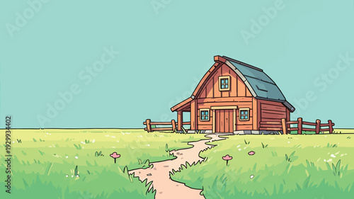 A wooden house sits in a green field with a dirt path. The sky above is blue with no clouds visible.