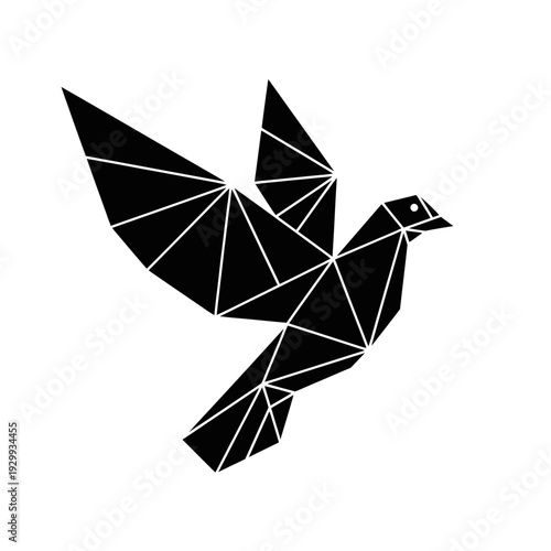 Geometric Black Dove Origami Symbol Flying on White Background