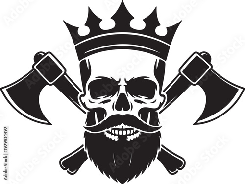 Bearded Skull with Crown and Crossed Axes – Black and White Silhouette Vector Illustration