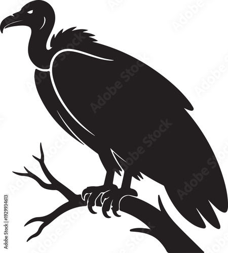 Vulture Perched on Tree Branch – Black and White Silhouette Vector Illustration