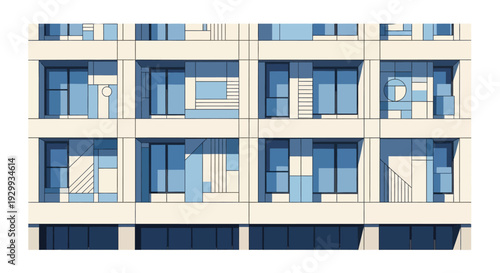 Modern apartment building facade with balconies and blue windows.