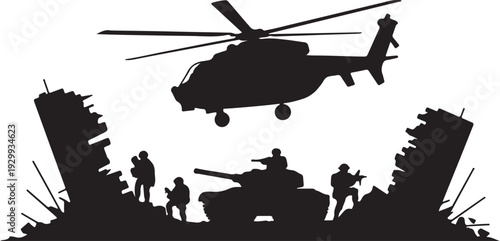 Military Helicopter, Tank and Soldiers in Destroyed  – Black and White Silhouette Vector Illustration