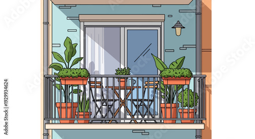 Cozy balcony with potted plants and outdoor furniture.