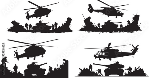 set of Military Helicopter, Tank and Soldiers in Destroyed  – Black and White Silhouette Vector Illustration