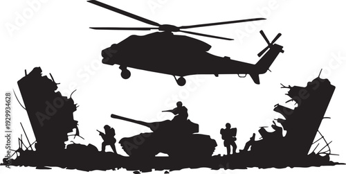 Military Helicopter, Tank and Soldiers in Destroyed  – Black and White Silhouette Vector Illustration
