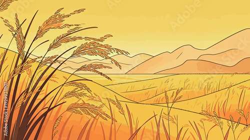 Tall wheat sways gently in the breeze. The sun sets over the mountains, creating a warm golden glow across the landscape.