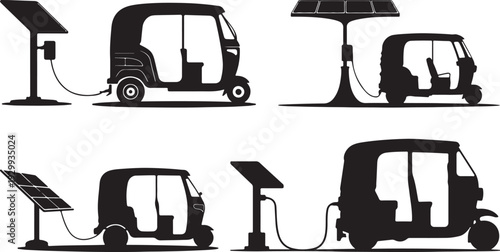 Electric Auto Rickshaw Charging at Solar Powered Station – Black and White Silhouette Vector Illustration