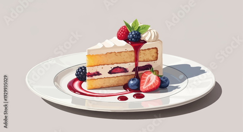 Delicious layered cake with mixed berries and whipped cream on a white plate.