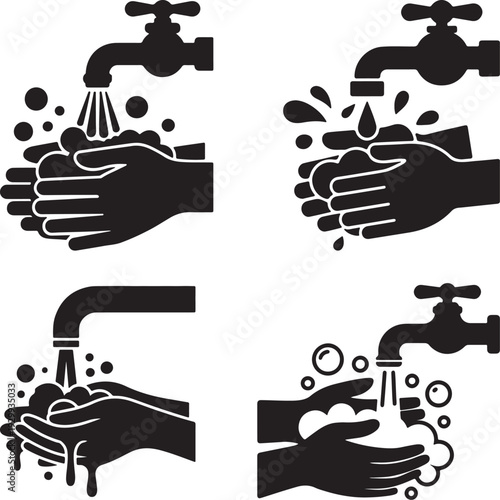 Set of Hands Washing Under Running Water with Soap Bubbles – Black and White Silhouette Vector Illustration