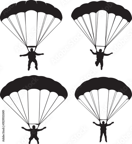 Skydiver Under Parachute – Black and White Silhouette Vector Illustration