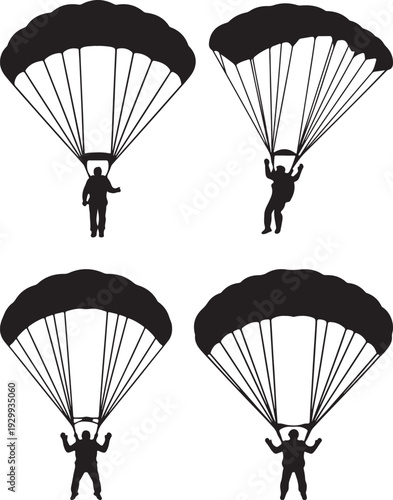 Skydiver Under Parachute – Black and White Silhouette Vector Illustration