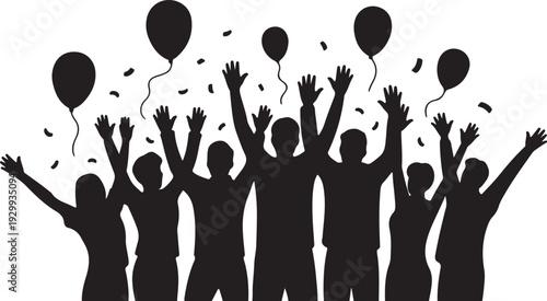 Joyful Group Celebration with Balloons and Confetti – Black and White Silhouette Vector Illustration