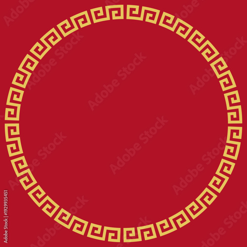 中華雷紋円フレーム 赤背景 金装飾 中国風デザイン