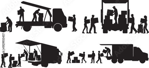 Moving and Delivery Service Silhouette with Workers Loading Boxes onto Truck – Relocation, Logistics, Transport black and white silhouette, vector and illustration	set