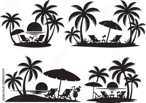 Tropical Beach Sunset with Palm Trees, Deck Chairs and Cocktail – Black and White Silhouette Vector Illustration
