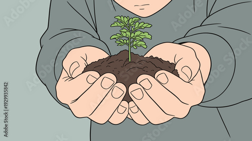 A person holds a small plant growing in soil with both hands while standing inside a room during the day.