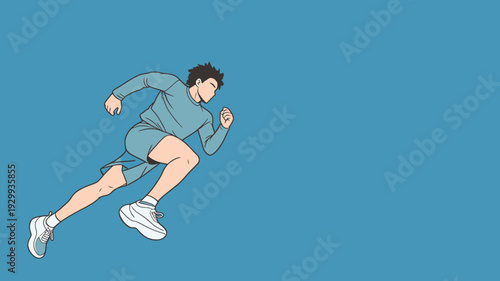 A man is running on a blue background. He is dressed in a sports outfit and wearing running shoes. His posture shows he is in motion.