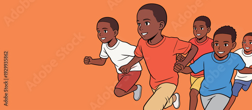 A group of five children runs joyfully on a simple orange background. They show excitement and energy through their actions.
