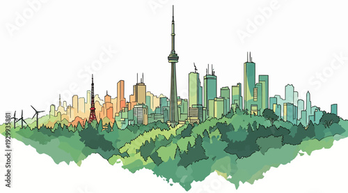 Toronto skyline shows tall buildings and the CN Tower with trees and wind turbines during sunset in the background.