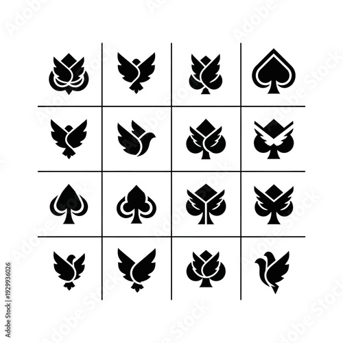 Collection of black playing card suit symbols arranged in grid pattern.
