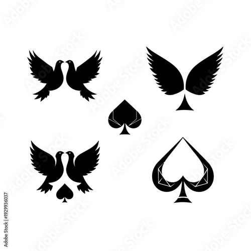 Black silhouettes of birds and spade symbols on white background.