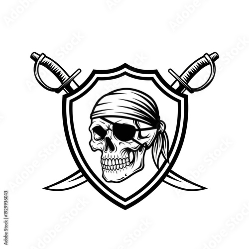 Pirate emblem with skull and crossed swords on shield.