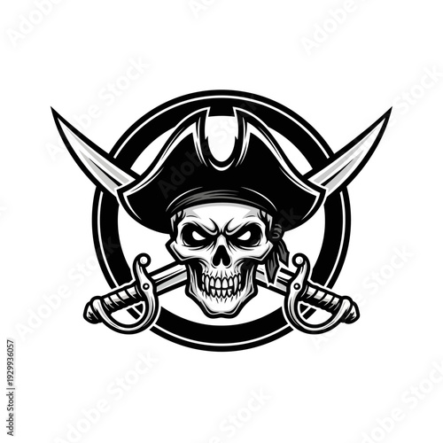 Pirate Skull with Crossed Swords and Pirate Hat Illustration.