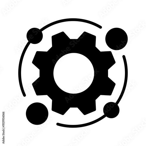 Minimal line icon showing a central gear surrounded by circular nodes, representing collaboration, automation, system integration, and connected workflows. Ideal for technology, teamwork, and digital 
