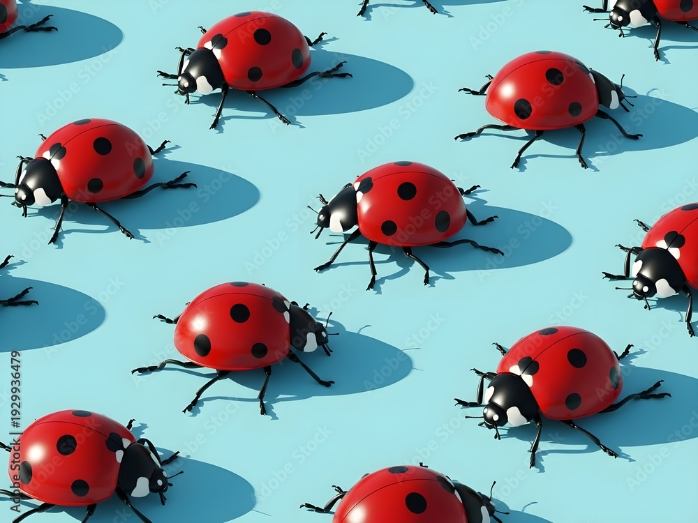 Fototapeta premium Vibrant red ladybugs arranged in cheerful, repetitive pattern, casting graphic shadows on bright blue, minimalist flat lay.
