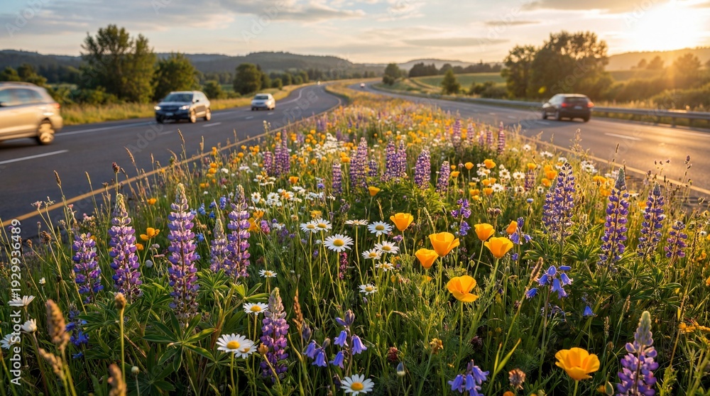Fototapeta premium Lupine poppies and daisies bloom bright beside a highway as cars pass at sunset
