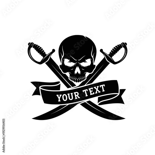 Pirate emblem with skull and crossed swords design element.