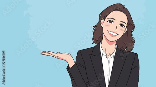 A woman stands with a smile while showing her palm outward. She wears a black suit and poses against a blue backdrop.