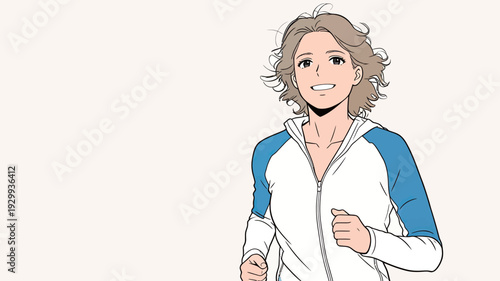 A person is running in a sports jacket with a smile on their face. The background is plain, focusing on the activity and expression.