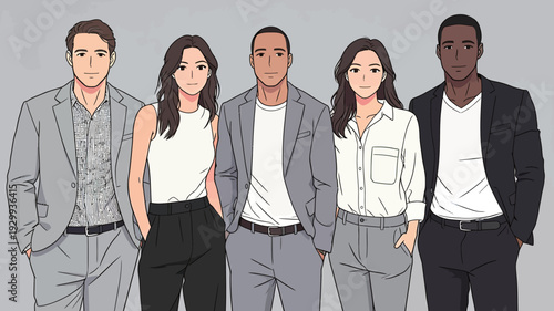 Five young adults stand in a studio. They wear casual business clothes. They seem to pose together with smiles on their faces.