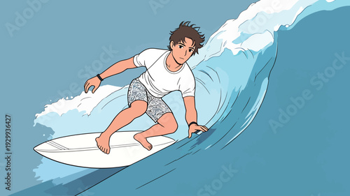 A young person stands on a surfboard while riding a wave in the ocean. The scene shows water splashing around them.