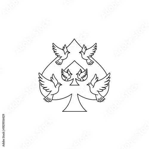 Simple line art illustration of three birds in flight within a spade shape.
