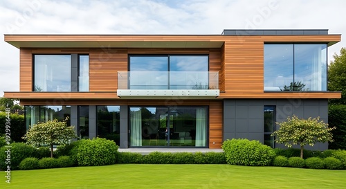 Modern two-story home with sleek design and expansive glass windows